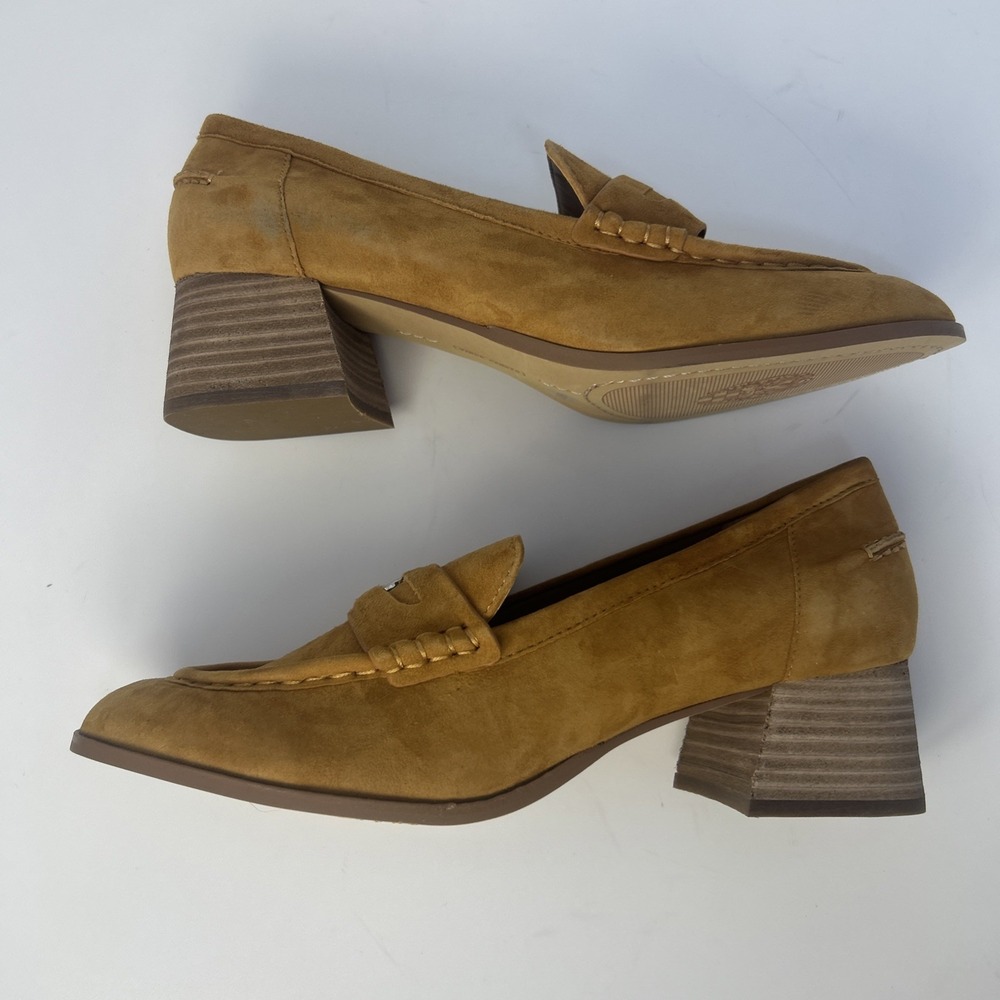 Vince Camuto Carissla Suede Penny Loafer Block Heel Pump Golden Rod 9.5 M NIB - Picture 8 of 11